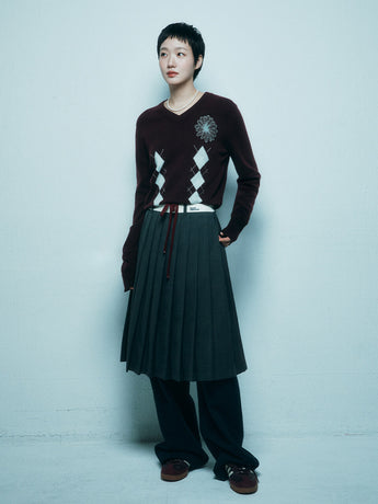 WOOL PLEATED MIDI SKIRT CONTRAST WAISTBAND_CHARCOAL