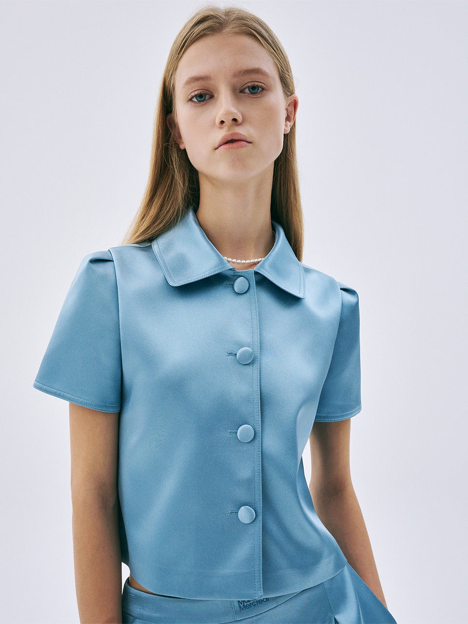 SATIN CROPPED JACKET HALF SLEEVE_SKY
