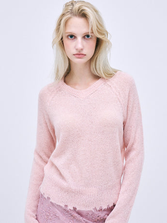 MOHAIR BLENDED CROPPED RAGLAN V NECK_PINK