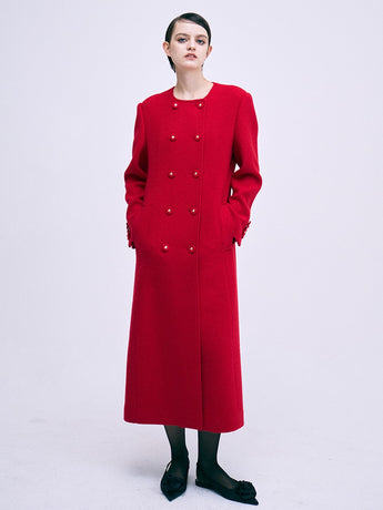 WOOL SINGLE MAXI COAT COLLARLESS_RED