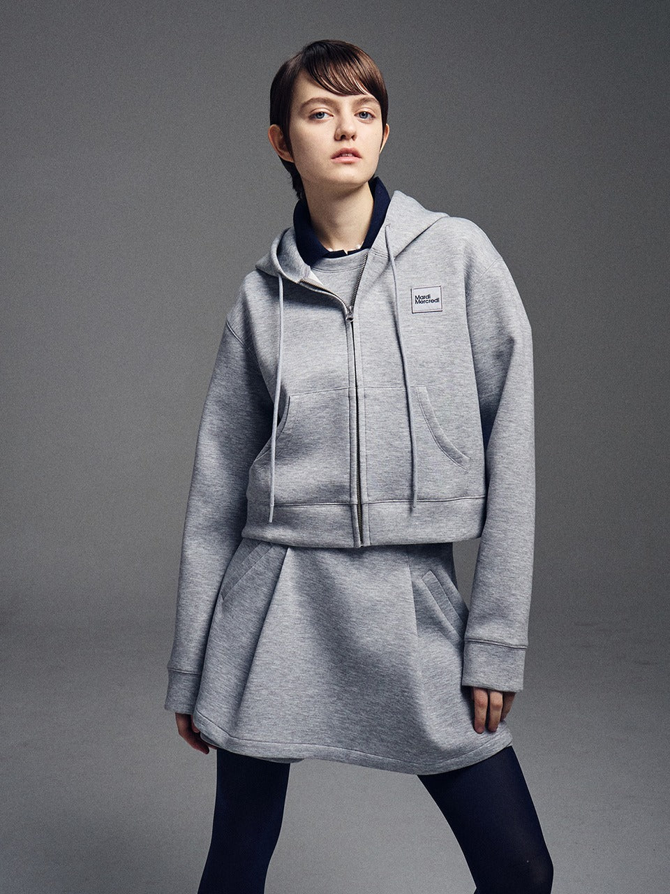 NEOPRENE CROPPED HOODY ZIP UP_GREY