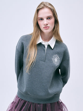 NEOPRENE CROPPED SHIRT PIQUET FLOWER_CHARCOAL IVORY