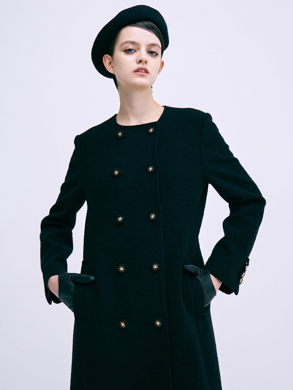 WOOL SINGLE MAXI COAT COLLARLESS_BLACK