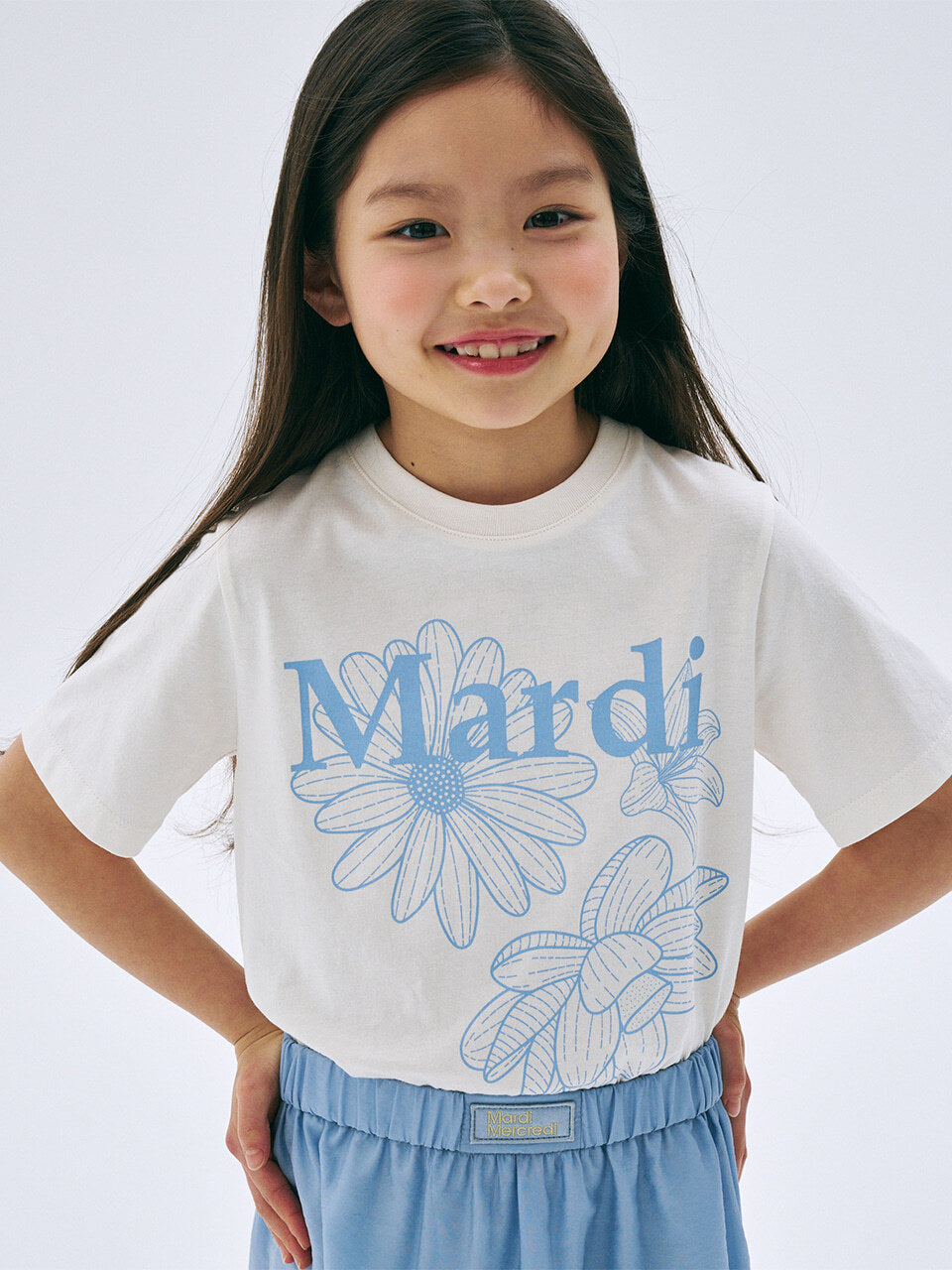 KIDS TSHIRT TRIPLE FLOWER_CREAM ASHBLUE