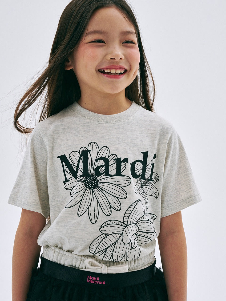 KIDS TSHIRT TRIPLE FLOWER_OATMEAL BLACK