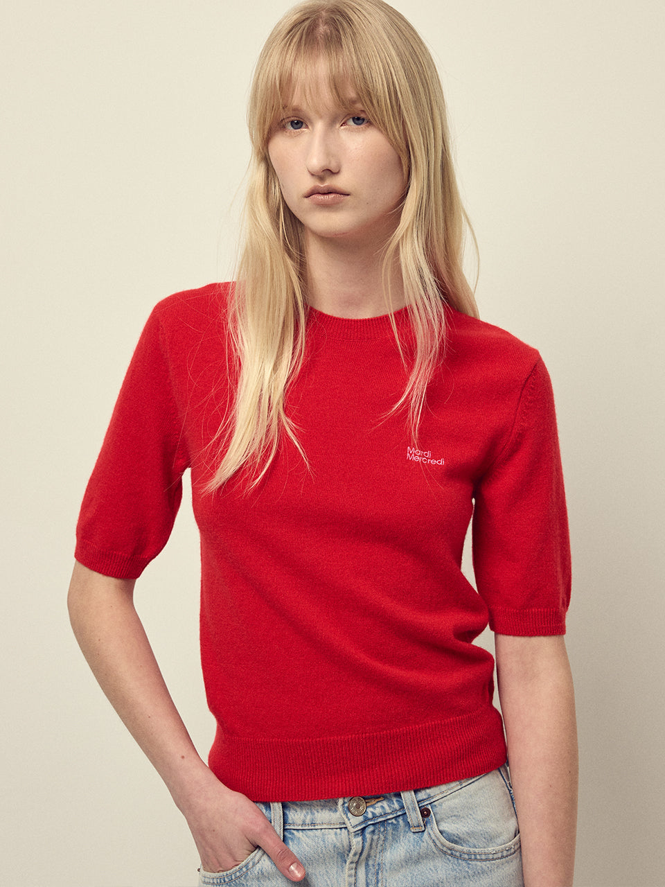 CASHMERE BLENDED TOP SHORT SLEEVE ESSENTIAL_RED