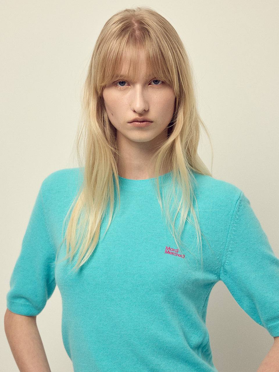 CASHMERE BLENDED TOP SHORT SLEEVE ESSENTIAL_TURQUOISE