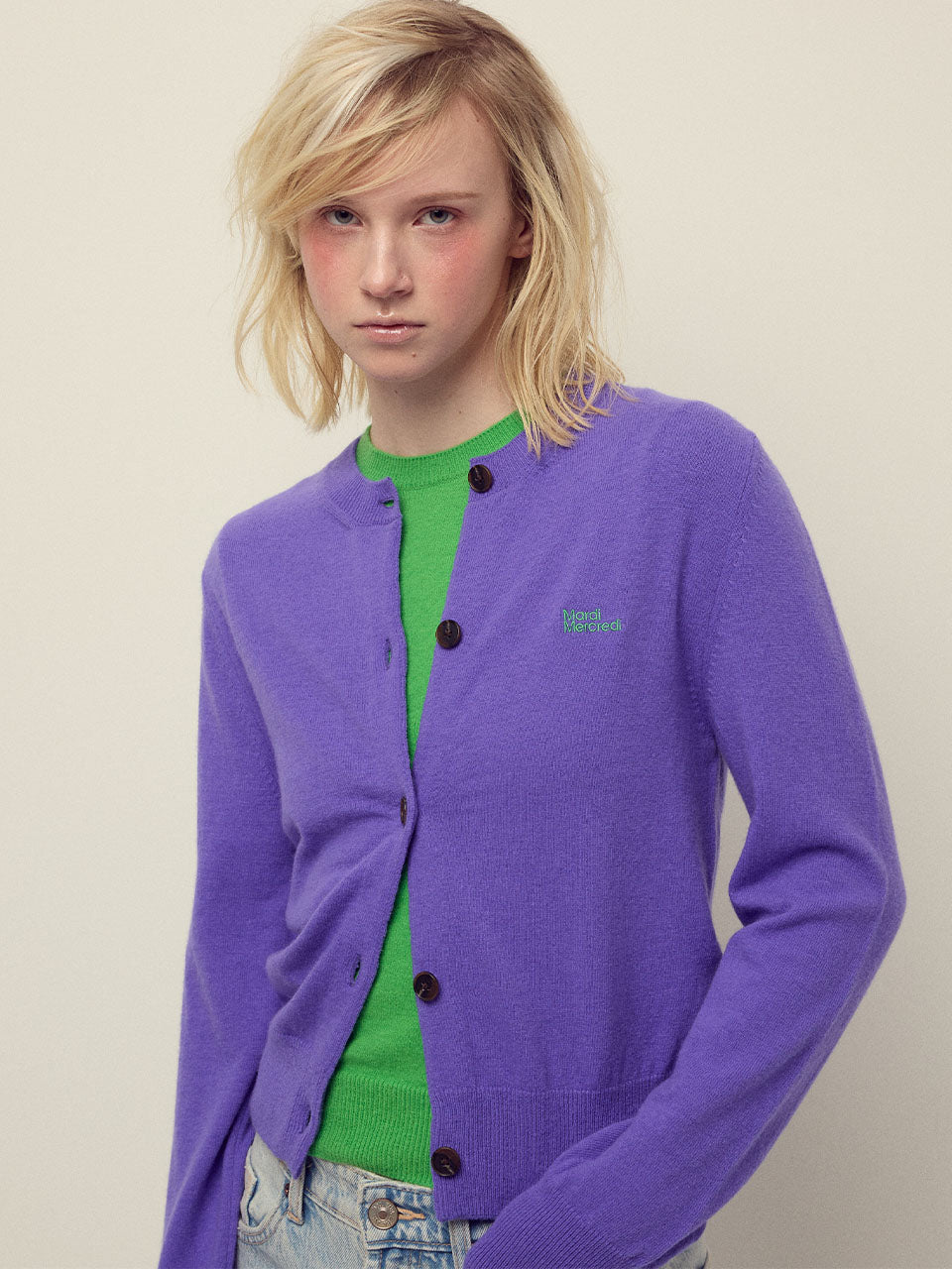 CASHMERE BLENDED CARDIGAN ROUND NECK ESSENTIAL_PURPLE