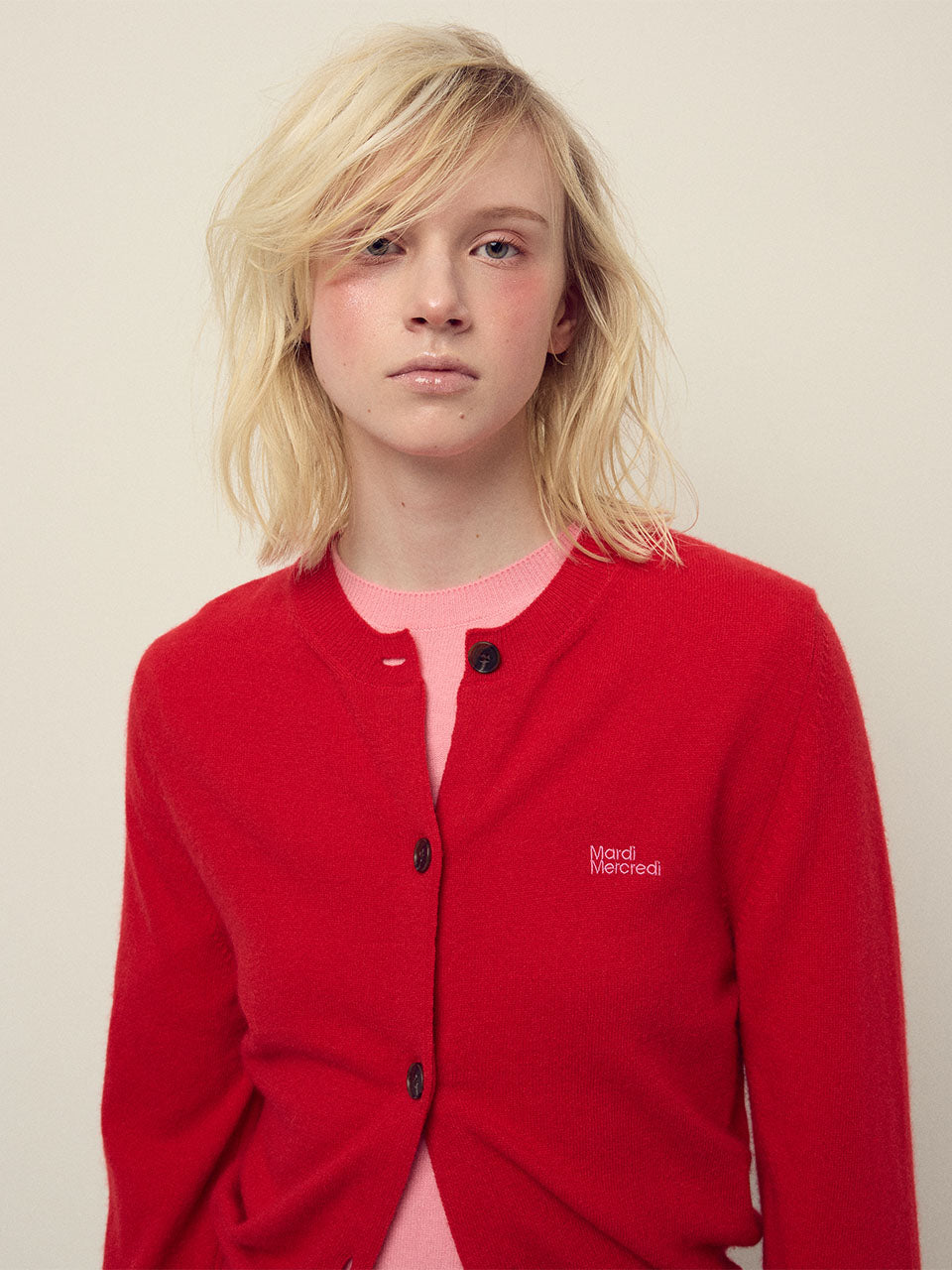 CASHMERE BLENDED CARDIGAN ROUND NECK ESSENTIAL_RED