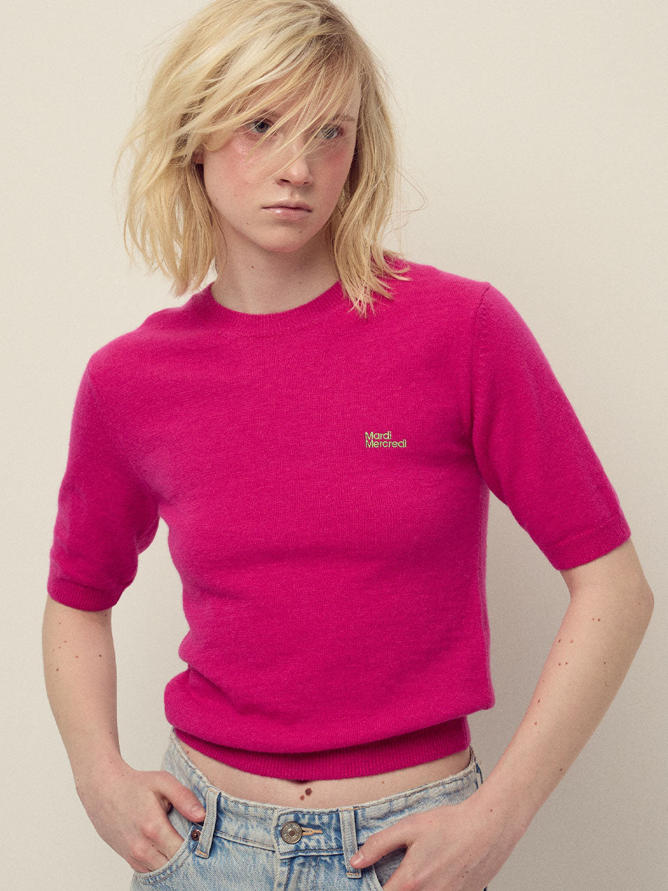 CASHMERE BLENDED TOP SHORT SLEEVE ESSENTIAL_FUCHSIA