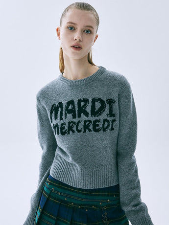 CASHMERE CROPPED ROUND NECK BRUSH LOGO CONTRAST_GREY BLACK