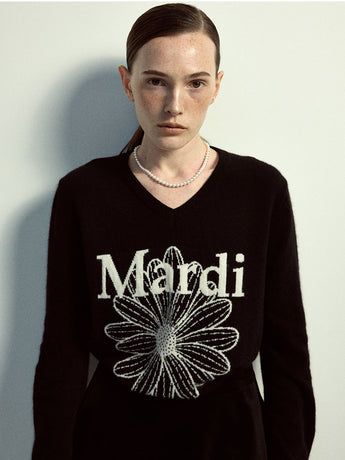 CASHMERE V NECK FLOWERMARDI_BLACK IVORY