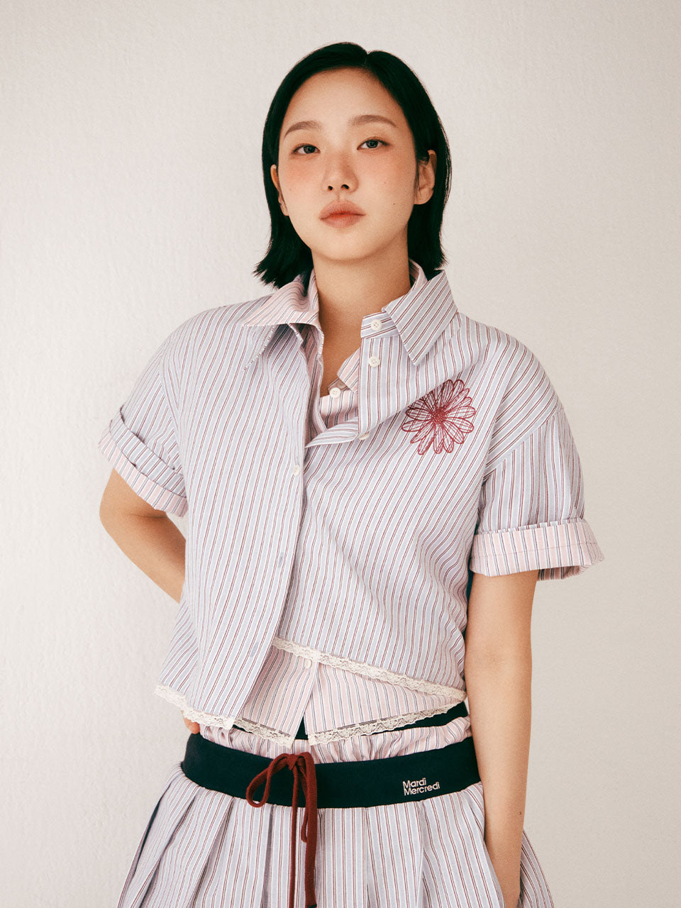 COTTON CROPPED SHIRT HALF SLEEVE STRIPE_BLUE – Mardi Mercredi JP