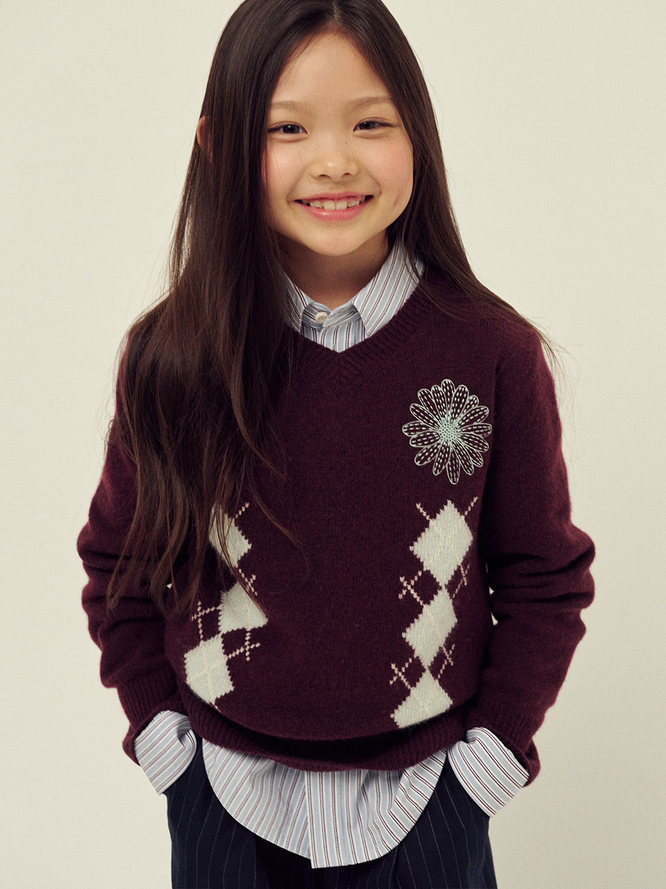 KIDS CASHMERE BLENDED V NECK ARGYLE_BURGUNDY MINT