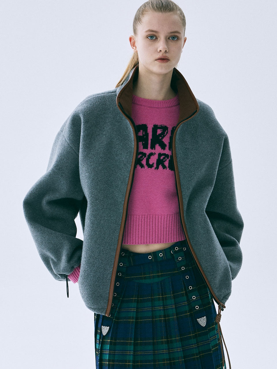 LEATHER TRIM FLEECE JACKET_CHARCOAL