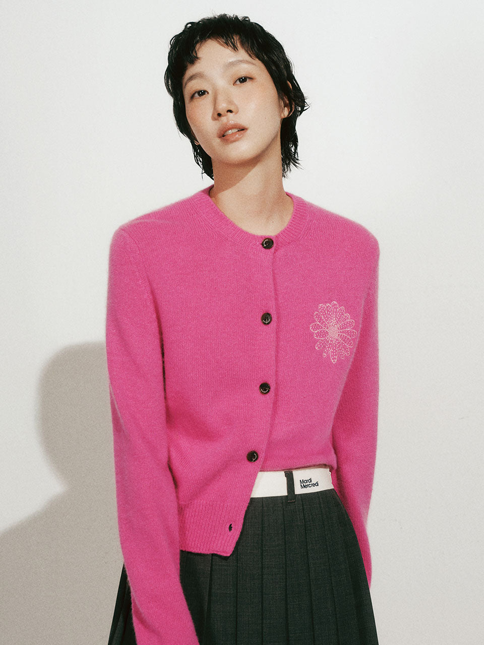 RACCOON BLENDED CARDIGAN ROUND NECK_FUCHSIA PINK