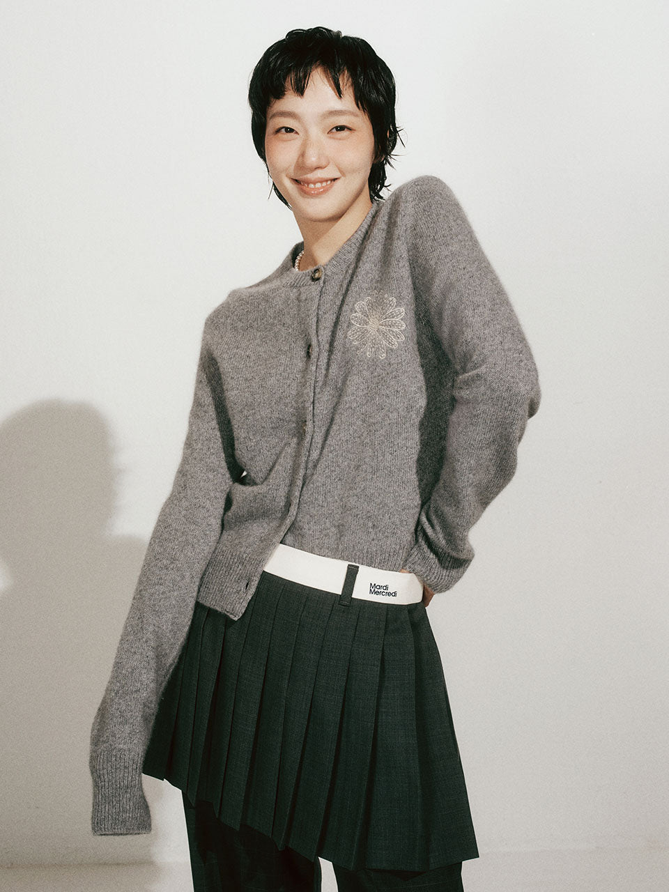 RACCOON BLENDED CARDIGAN ROUND NECK_GREY CREAM