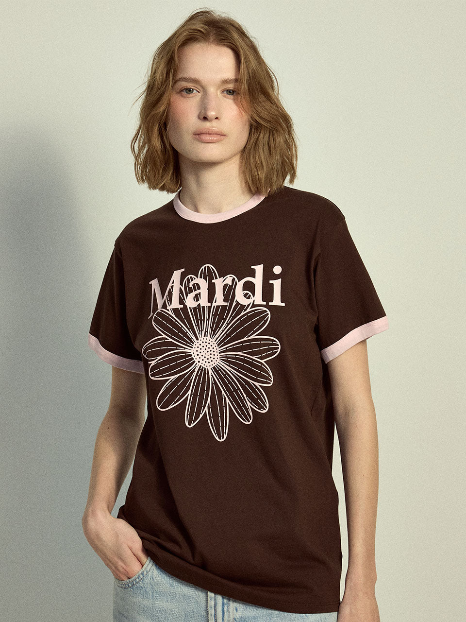 SLIM RINGER TSHIRT FLOWERMARDI_BROWN PALEPINK