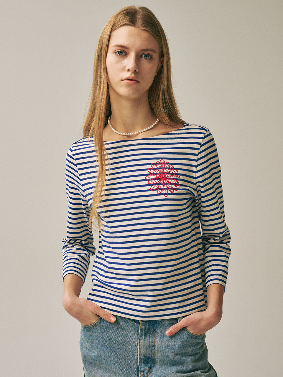 SLIM TSHIRT 3/4 SLEEVE STRIPE_BLUE RED