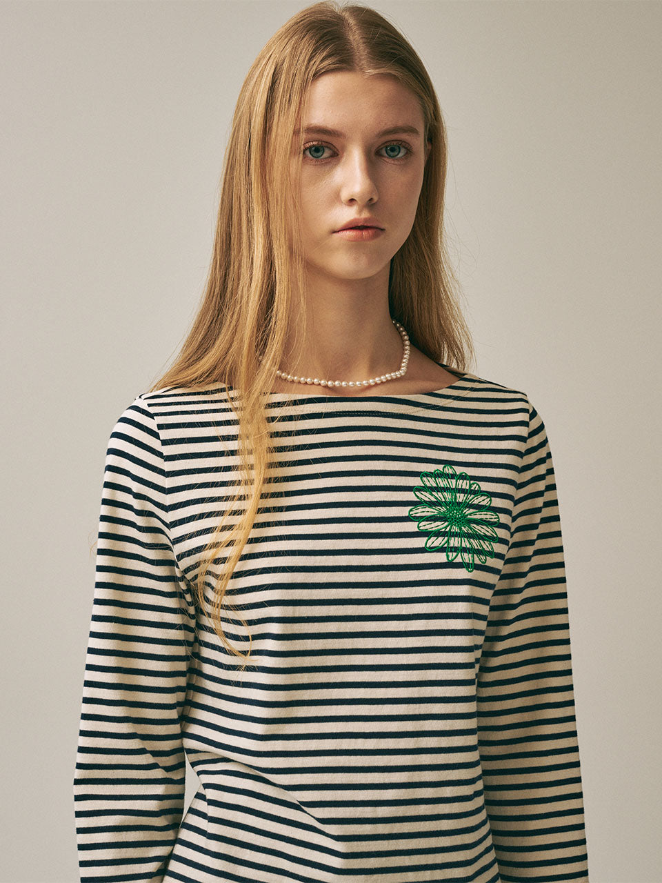 SLIM TSHIRT 3/4 SLEEVE STRIPE_IVORY GREEN