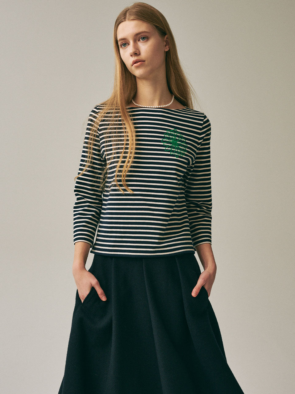SLIM TSHIRT 3/4 SLEEVE STRIPE_NAVY GREEN