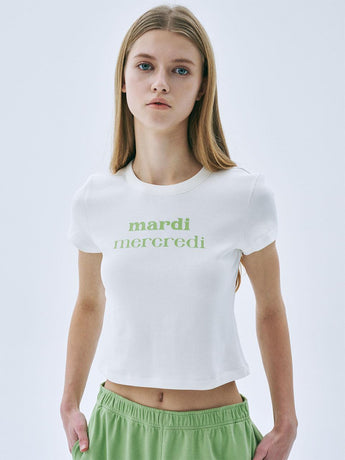 CROPPED FITTED TSHIRT DOUBLE LOGO_IVORY YELLOW GREEN