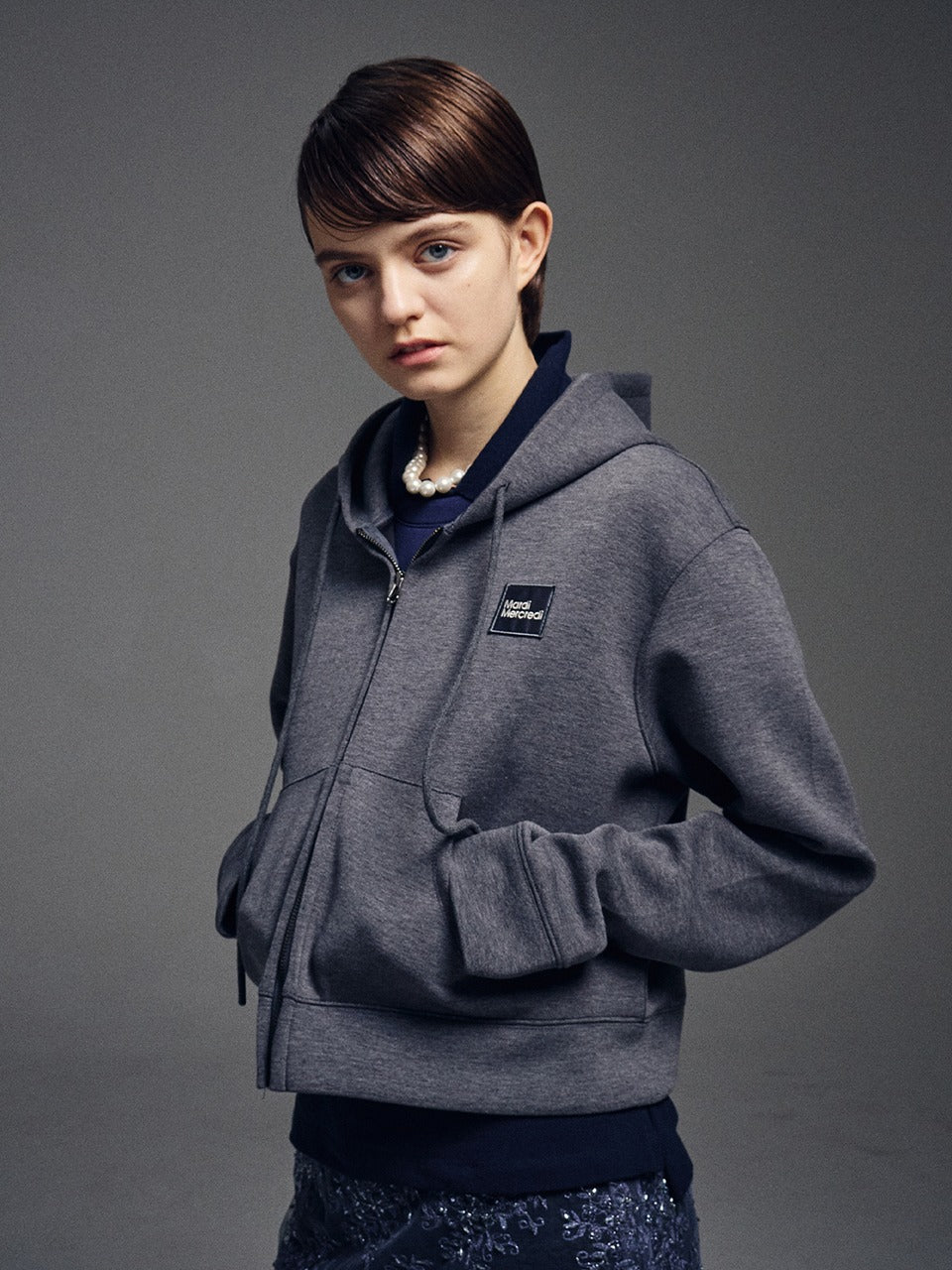 NEOPRENE CROPPED HOODY ZIP UP_CHARCOAL