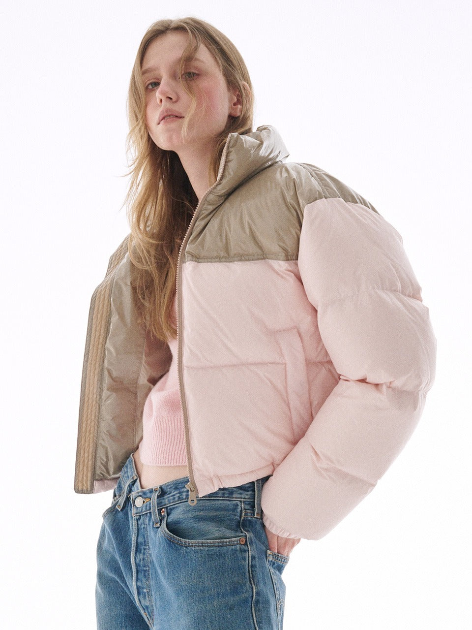 CROPPED DOWN JACKET COLOR BLOCK_PINK