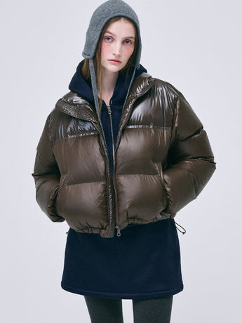 CROPPED DOWN JACKET COLOR BLOCK_BROWN