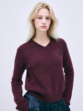 RACCOON BLENDED V NECK SATIN SPADE_BURGUNDY