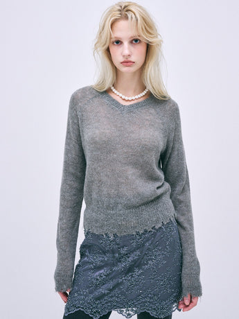 MOHAIR BLENDED CROPPED RAGLAN V NECK_GREY