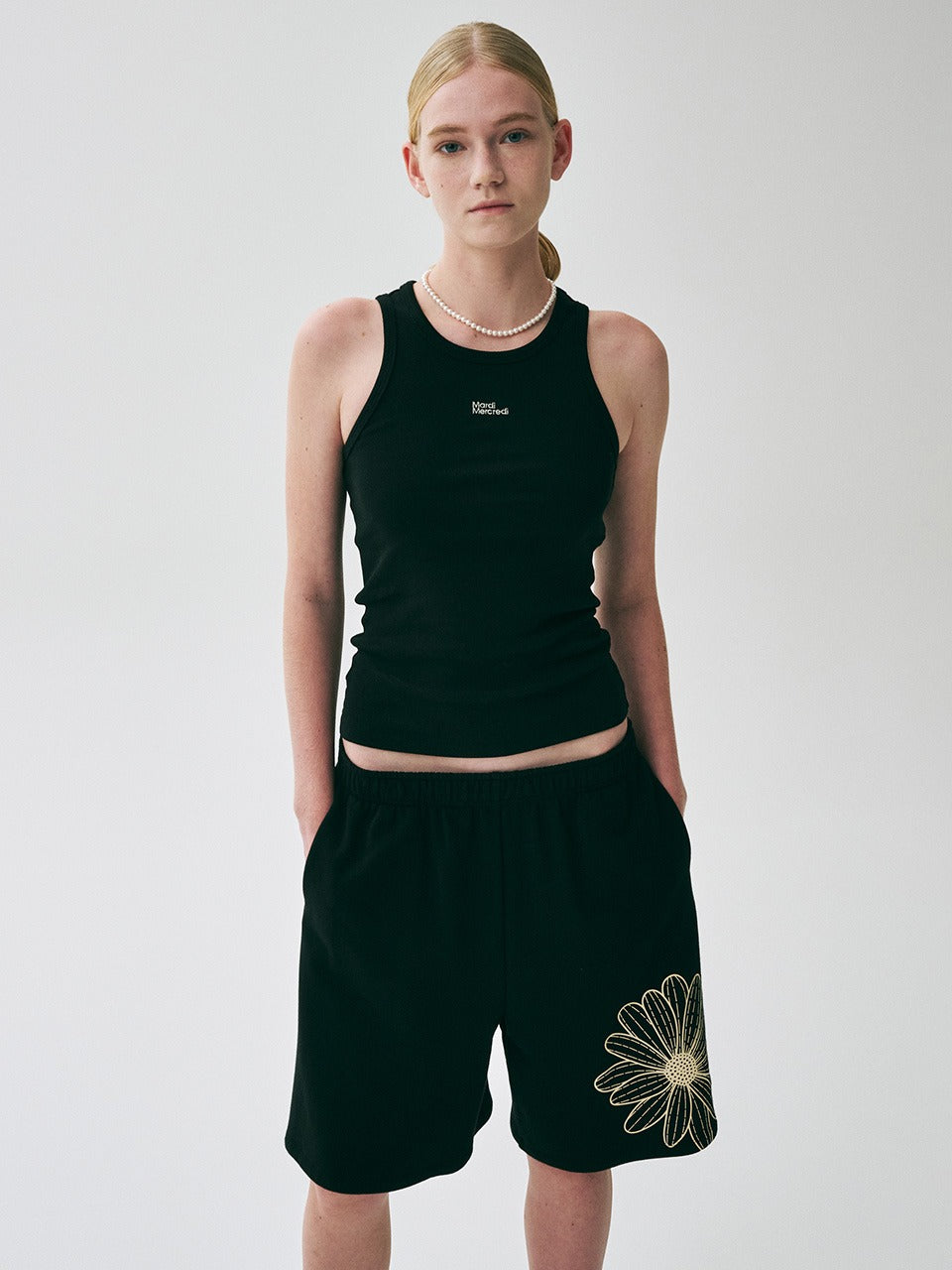 OVERSIZED SWEAT BERMUDA FLOWER_BLACK CREAM