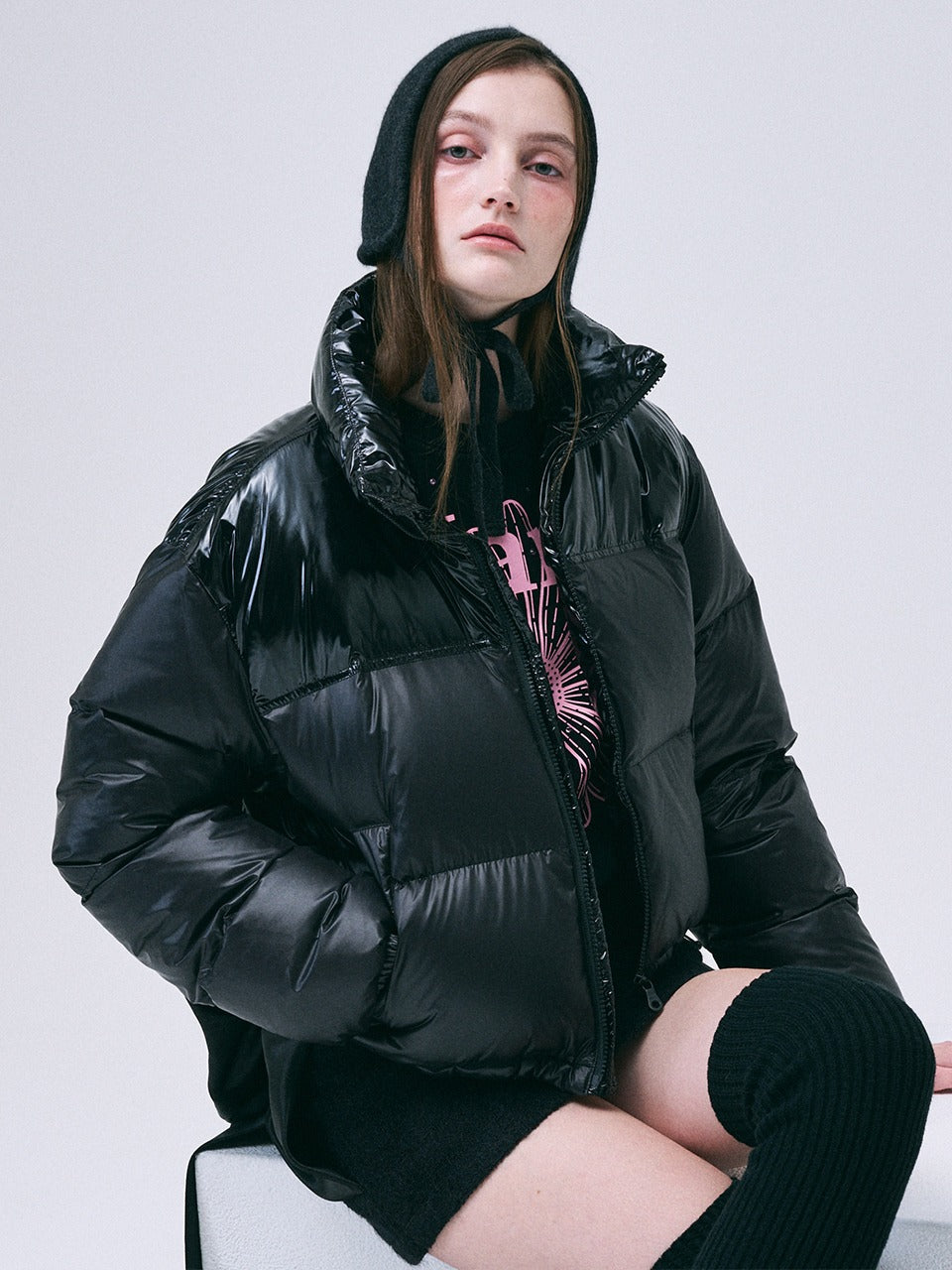 CROPPED DOWN JACKET COLOR BLOCK_BLACK
