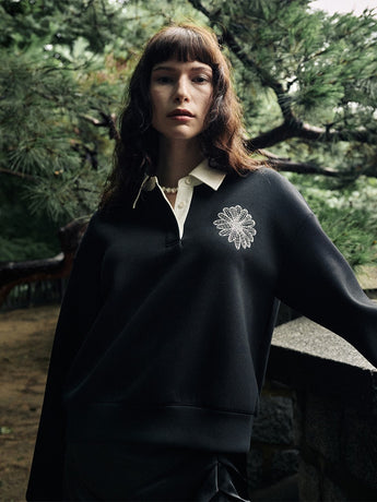 NEOPRENE CROPPED SHIRT PIQUET FLOWER_BLACK IVORY