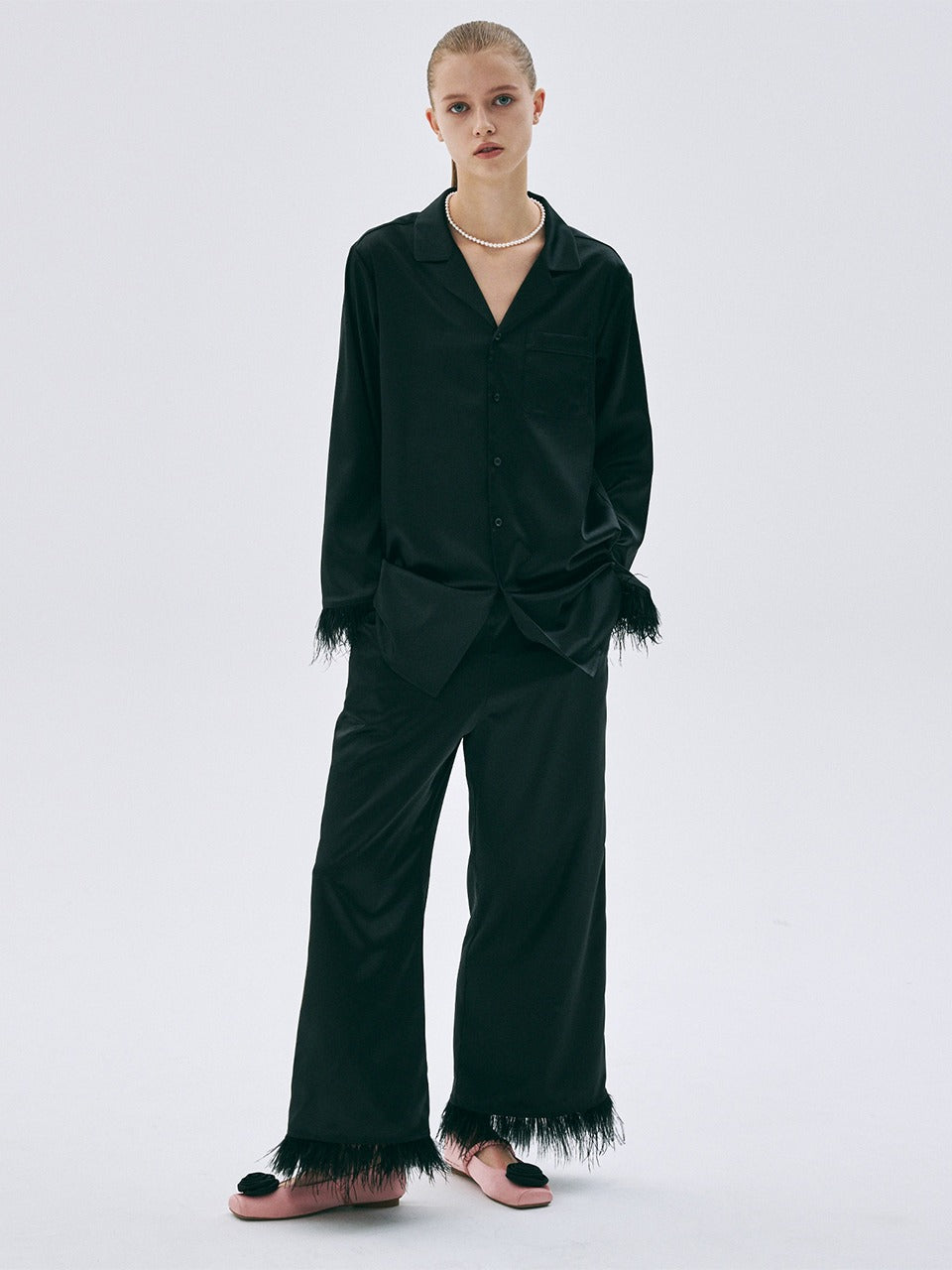 SATIN OSTRICH PANTS_BLACK