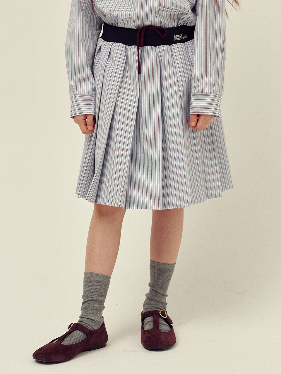 KIDS COTTON PLEATED MIDI SKIRT STRIPE_BLUE