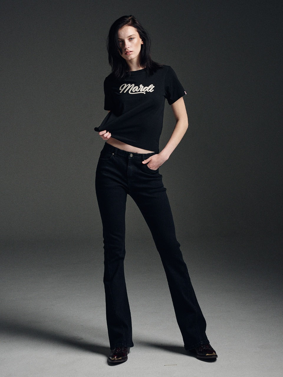 DENIM BOOTS CUT MID RISE PANTS_BLACK