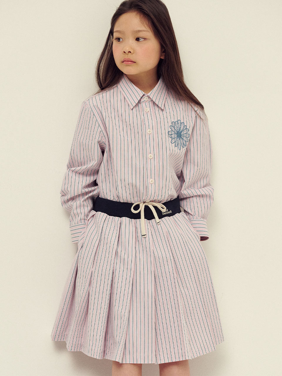 KIDS COTTON PLEATED MIDI SKIRT STRIPE_PINK