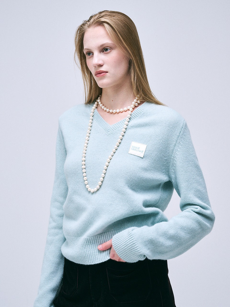 RACCOON BLENDED V NECK SQUARE LOGO_MINT