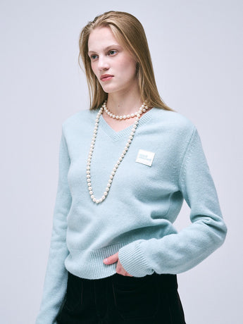 RACCOON BLENDED V NECK SQUARE LOGO_MINT