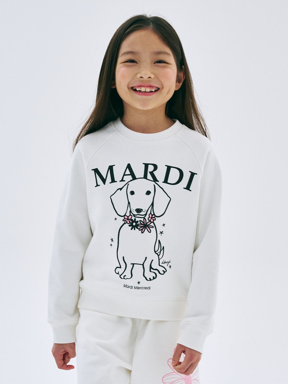 KIDS SWEATSHIRT SWING THE TAIL DDANJI FLOWER NECKLACE_WHITE PINK