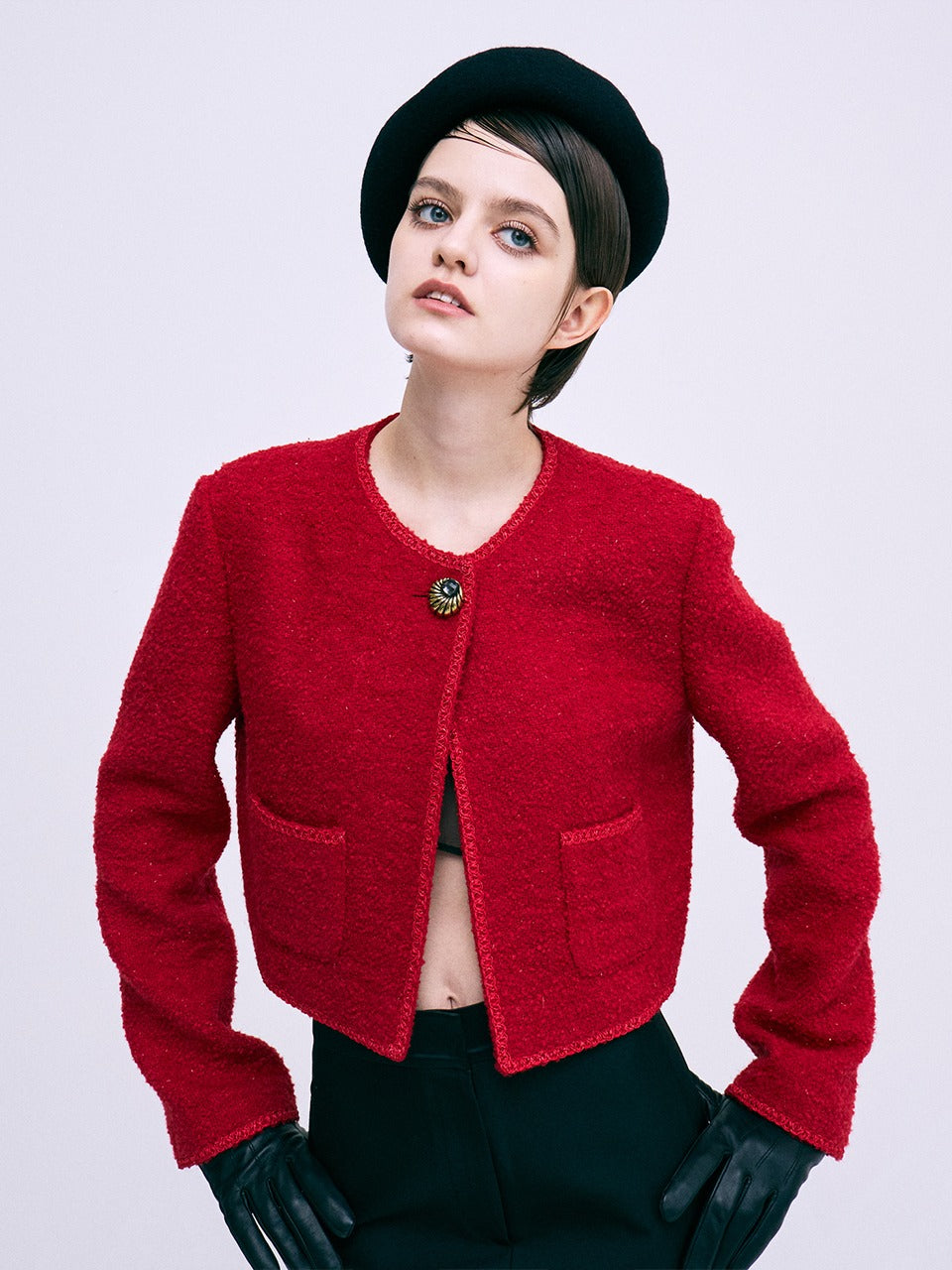 TWEED CROPPED JACKET ROUND NECK_RED