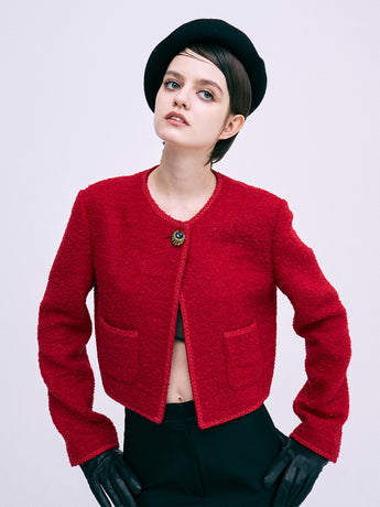 TWEED CROPPED JACKET ROUND NECK_RED