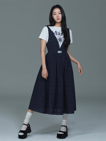 MAXI DRESS V NECK EYELET_NAVY