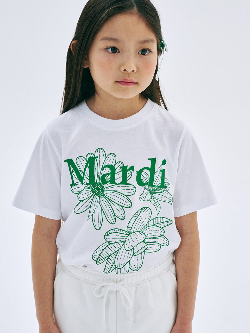 KIDS TSHIRT TRIPLE FLOWER_WHITE GREEN